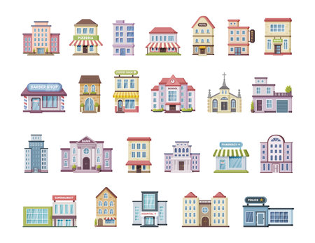 Colored urban government, private and municipal building set. Different public place city architecture facades with windows and doors. Apartment house, hotel, library, store, cafe cartoon vectorのイラスト素材