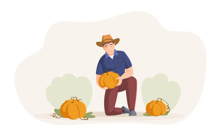Happy elderly male farmer in hat posing with pumpkins. Smiling mature man agricultural worker picking harvest enjoying autumn season. Senior gardener grandfather with vegetable cartoon vectorのイラスト素材