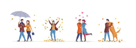 People in fall, enjoying autumn activity. Couple, family, friends spending time together walking. People walk in fall, fall in love, walk dog cartoon flatのイラスト素材