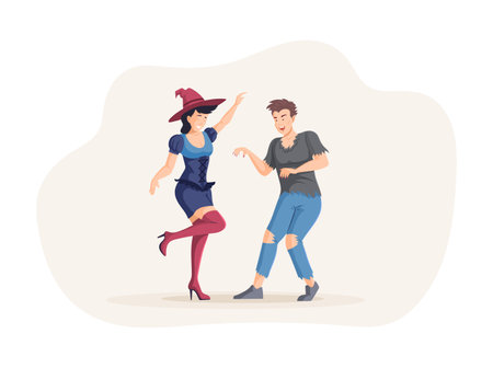 Couple dancing together at Halloween party. Pair in costumes witch and vampire celebrating traditional autumn holiday All Saints Day. Man and woman in spooky creature monsters apparel cartoon vectorのイラスト素材