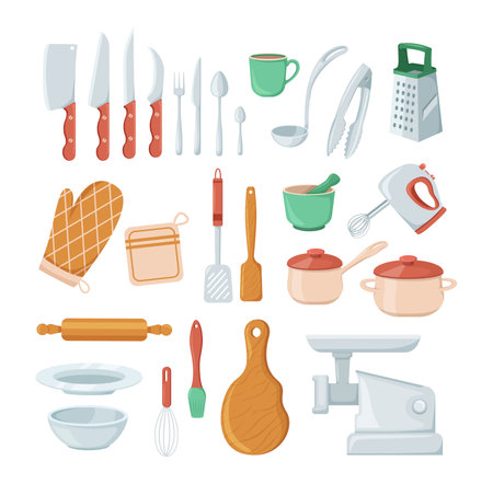 House cookware utensils for cooking, metallic and ceramic kitchen crockery. Kitchenware cooking objects, equipment for cooking, cups, dishes, bowls, knives, cutlery, pots, meat grinder, mixer vectorのイラスト素材