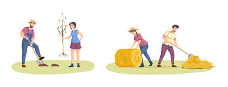 People enjoy gardening and planting. Harvesting farmer man and woman working on field or garden together. Farmers hay harvesting, couple agricultural workers planting tree cartoon vectorのイラスト素材