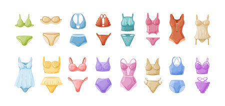 Women lingerie, swimwear, nightwear set. Seductive female apparel for sleeping and sexy underwear. Elegant ladies undergarments. Corset, panties, bra, underpants, cotton and silk chemise vectorのイラスト素材