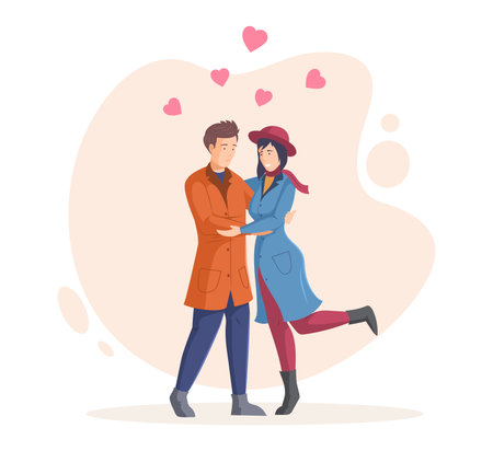 People in fall enjoying autumn activity. Couple walking together is hugging. Love, couple in relationship concept cartoon vectorのイラスト素材