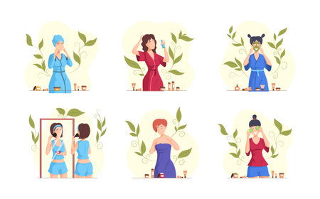 Set of woman cares her skin cleansing treatment procedures for face and body. Female applying skincare products cream, mask, hydration lotion, doing makeup use beauty spa cosmetics vector cartoonのイラスト素材