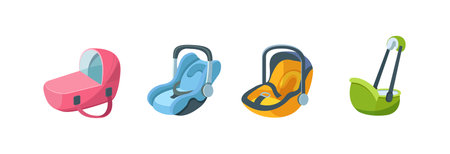 Set of childish automobile armchair for child, infant, newborn baby. Car seats for safe movement in vehicles, child restraint, seat, support cushion, booster. Toddler transportation cartoon vectorのイラスト素材