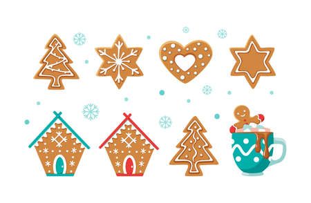 Set different cute gingerbread christmas winter houses. Set of holiday candy cookies in buildings shapes, xmas tree, star, ginger cake man. Sweet baking dessert sugar glaze cookie cartoon vectorのイラスト素材