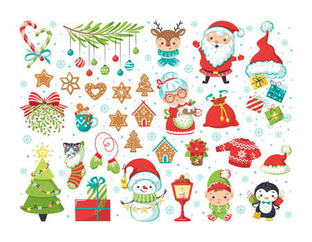 ? hristmas elements set. Snowflakes, Santa Claus, spruce, gifts, ginger christmas cookies, candles, sweet cane, penguin, gnome, deer, ugly sweater, snowman. Winter greeting card. Happy new year flatのイラスト素材