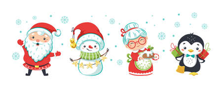 Set of happy Christmas characters decorated by snowflakes. Smiling friendly Santa Claus with beard, snowman with garland, grandmother with mistletoe pie and penguin with gift boxes cartoon vectorのイラスト素材
