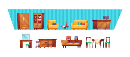 Living room furniture interior background set. Vintage design furnishing sofa, armchair, cupboard, desk with computer, dressing table, sideboard, chairs and commode. Cozy apartment cartoon vectorのイラスト素材
