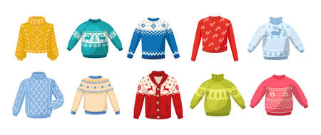 Cute winter warm knitted sweaters set. Christmas sweaters with festive winter year ornaments deer, snowman, spruce cartoon vector illustration. Wool knitting winter clothesのイラスト素材