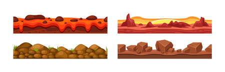 Seamless ground landscape layer set. Horizontal land and soil pattern with cliff, stones, boulders and volcanic lava. Foreground area with desert, sand, grass. Endless underground field cartoon vectorのイラスト素材
