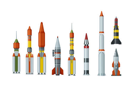 Military missilery rocket of different types set. Army engine weapon flying in air and ballistic nuclear bomb warhead. Dangerous atomic explosive destruction air rocket, ballistic nuclear bomb warheadのイラスト素材