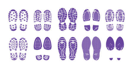 Human shoes blue footprint set. Shoe soles print of tread, boots, sneakers, footgear on heels. Textured male and female steps impression. Ink detailed footwear. Foot traceability cartoon vectorのイラスト素材