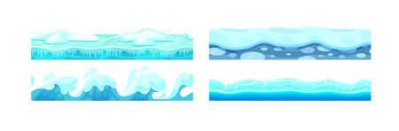 Blue seamless water surface set. Ocean, sea or river layers with waves covered by ice and snow. Natural streams flow underwater environment pattern with splash and bubbles cartoon vectorのイラスト素材