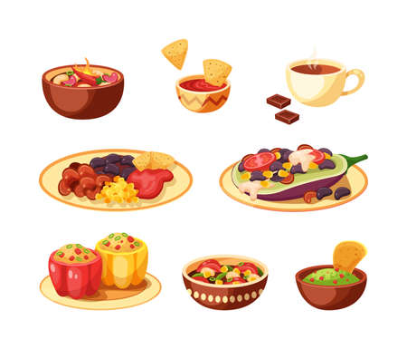 Traditional Mexican cuisine food set. National Mexico dish with meat, hot peppers, spices, tacos. Gourmet fresh serving meal, icons carnival Cinco de mayo cartoon vectorのイラスト素材