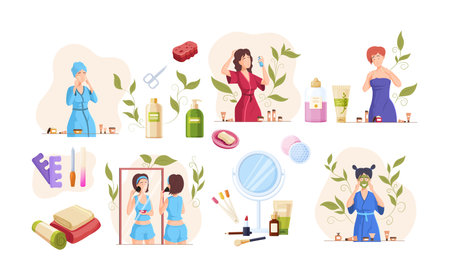 Set of woman cares her skin cleansing treatment procedures for face and body. Female applying skincare products cream, mask, hydration lotion, doing makeup use beauty spa cosmetics vector cartoonのイラスト素材