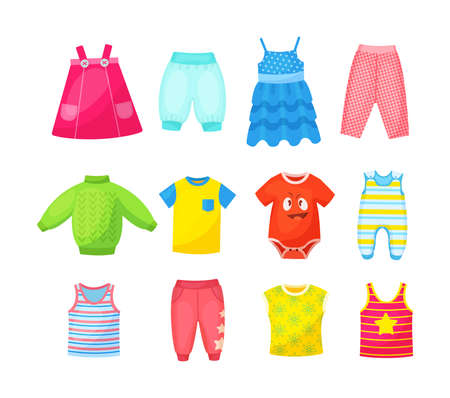 Multicolored seasonal childish clothes set. Ornamental cute wardrobe clothing for little boy or girl. Stylish wear baby pants, dress, overalls, t-shirt, sweater, trousers. Kids fashion cartoon vectorのイラスト素材