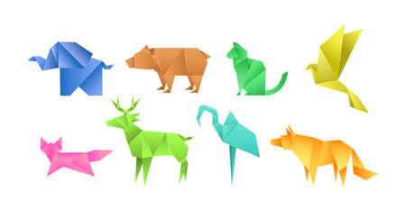 Set of multicolored polygonal animals silhouette. Low poly geometric triangular form of colorful birds, mammal and pets. Colored zoo origami abstract bright design. Elephant, bear, cat fox flat vectorのイラスト素材
