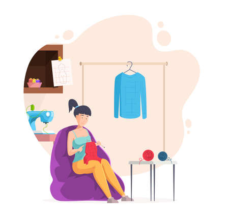 Creative woman knits woolen scarf at workshop. Happy talented female tailor enjoying hobby or creativity work. Smiling professional seamstress knits warm clothes flat vectorのイラスト素材