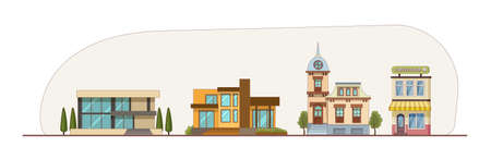 Urban street horizontal panorama. City life with house facades, road tree. Panoramic view of modern exterior buildings, cottages, coffee shop, country houses. Neighborhood district with apartment cartoon vectorのイラスト素材