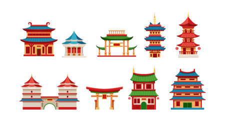 Chinese temples and houses at traditional Asian style. Korean religious buildings with towers and outdoor lighting. Buddhism Chinese temples and pagodas oriental architecture exterior cartoon vectorのイラスト素材