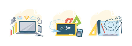 Back to school set. Creative educational supplies forcomputer science, mathematics, geometry. Studying different science discipline with equipment cartoon vectorのイラスト素材
