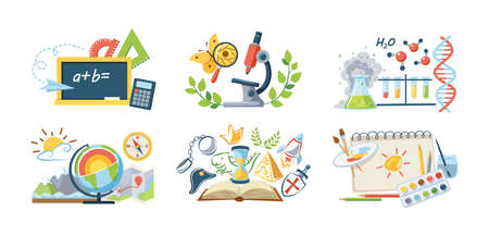 Back to school set. Creative educational supplies for math, geometry, biology, chemicals, geography, history and painting lesson. Studying different science discipline with equipment cartoon vectorのイラスト素材