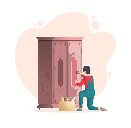 Restoration of old furniture. Craftsman repair vintage battered antique cupboard with cracks and scratches. Man handmade repairing retro cabinet use equipment supplies at workshop cartoon vectorのイラスト素材