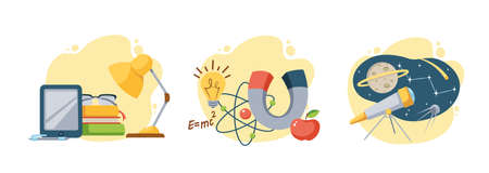 Graduation educational elements supplies creative set. Back to school. Study physics and astronomy with stack of paper textbook and ebook tablet. Molecule compound formula and spyglass flat vectorのイラスト素材