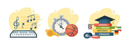 Set of creative educational lesson supplies. Music, physical culture and languages learning. Back to school. Education book and textbook, piano with notes and stopwatch with ball cartoon vectorのイラスト素材
