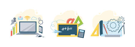 Back to school set. Creative educational supplies forcomputer science, mathematics, geometry. Studying different science discipline with equipment cartoon vectorのイラスト素材