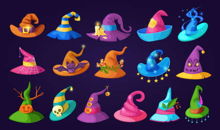 Wizard Halloween magic hat, old hat witch. Magic accessories for witches and witchcraft, for the mystical rituals of the sorceress. Halloween costume element cartoon vector illustration.のイラスト素材