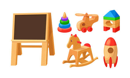 Vintage children wooden toys set. Baby entertainment wood playthings, blackboard, helicopter, rocket, whirligig, house, whirligig. Cute educational game equipment for kids spending time vectorのイラスト素材
