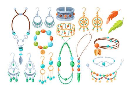 Fashionable accessories boho jewelry set. Multicolored bohemian accessory decorated by feathers, gems, stones and metallic elements. Stylish earrings, necklace, bangle, bijoux vector cartoonのイラスト素材
