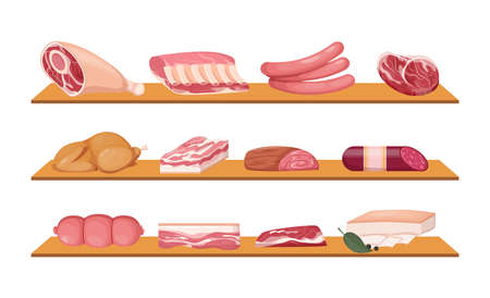 Meat fresh steaks meat delicatessen cartoon set. Sausages, smoked cervelat, meat steak for barbeque, salami, home-made bacon, meatloaf, bacon fillet, fried chicken, pork belly, beef shank vectorのイラスト素材
