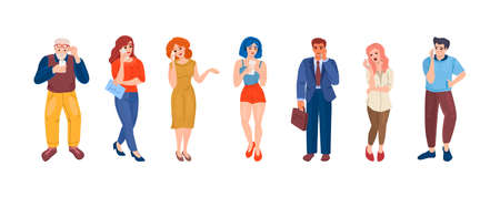 Group people together with smartphones. Elderly and students? Hatting, making selfie, listening music, talking using smartphones. Social networking, social media, online communication vectorのイラスト素材