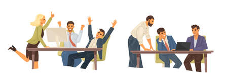 People jointly solve problems, think about projects, rejoice at success, discuss the partnership. Team collaboration, holiday, achievement of goals. Business partners discuss prospects cartoon vectorのイラスト素材