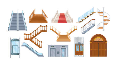 Wooden and metal staircase with handrails. Wooden staircases with a fence, spiral staircase, store escalator, floor to floor ladder. House office interior with lift mechanisms cartoon vectorのイラスト素材