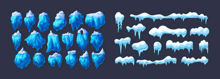 Realistic crystals of clean ice iceberg and snow caps with icicles set. Cooling crystals, iceberg broken of ice, cold frozen crystal blocks ice, winter cool landscapes cartoon vector illustrationのイラスト素材