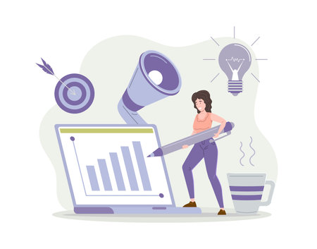 Woman digital smm marketologist writing graph on laptop analyzing seo development advertising strategy. Concept of promotion, business planning, positive index growth, creative marketing flat vectorのイラスト素材