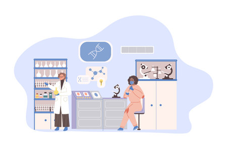 Science researching lab with scientists working use chemical equipment. Researchers at medical laboratory, conducting chemical experimentsのイラスト素材