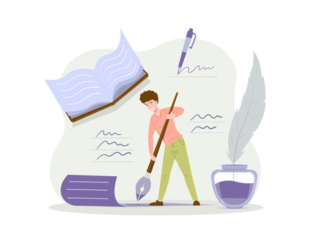 Male author writing book vintage pen ink feather paper sheet. Concept art hobby work creating publicity content, article, text communication. Handwriting calligraphy notes stack vector illustrationのイラスト素材