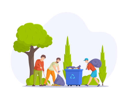 Group of man volunteer cleaning up city street together. Male doing environment protection putting bag with rubbish into trash can. Ecology pollution, recycling garbage, cleanliness waste flat vectorのイラスト素材