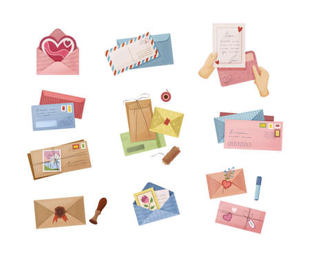 Various envelope with mail, postmarks and postcards set. Craft paper letters, handmade greeting cards, document sheet, mailing correspondence, stationary. Service letter shipping delivery flat vectorのイラスト素材