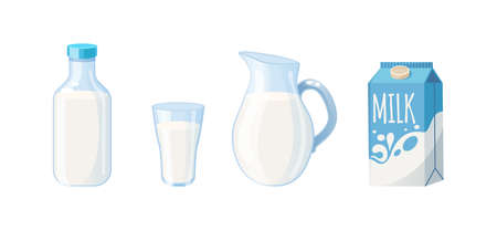 Natural dairy products set. Traditional fresh milk, cream or yogurt lactose beverage full of calcium and nourishment. Healthy drinks healthy diet breakfast or dessert cooking in package cartoon vectorのイラスト素材