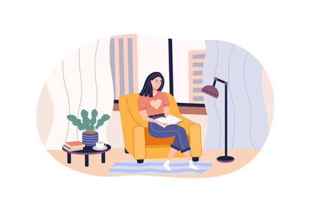 Relaxed modern woman reading paper book sitting on armchair at comfortable home. Resting female enjoying hobby with literature having time for yourself at weekend. Self isolation vector cartoonのイラスト素材