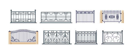 Balcony railing and gates, fence outdoor exterior entrance. Vintage modern home balconied facade, terrace fences. Architectural ornament decoration railing wall from forged metal structures vectorのイラスト素材