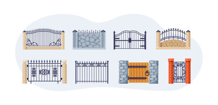 Set of balcony railing. Vintage modern home balconied facade or door entrance into private territory, terrace fences. Architecture exterior ornamental decor from wood, brick, steel, stone vectorのイラスト素材