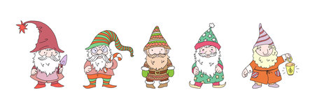 Cute Christmas gnome characters. Set of festive dwarfs for garden decoration. Funny elderly man with gray haired beard. Xmas and New Year tale gnomes in hats vectorのイラスト素材